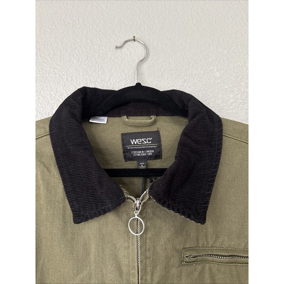 WeSC Zip Front Station Work Jacket Olive Green Canvas Mens S NWT Chore Coat - Picture 2 of 7